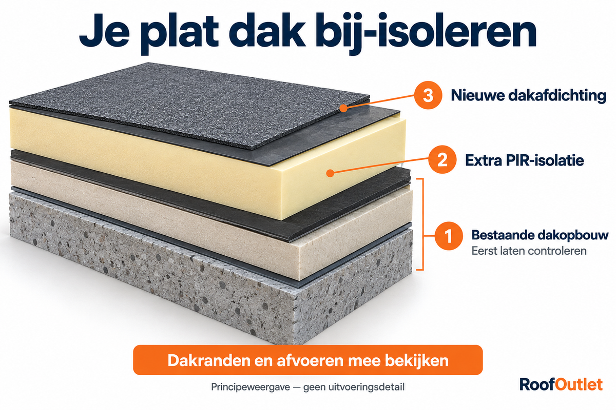 Extra PIR-isolatie boven op een bestaand plat dak met nieuwe dakafdichting