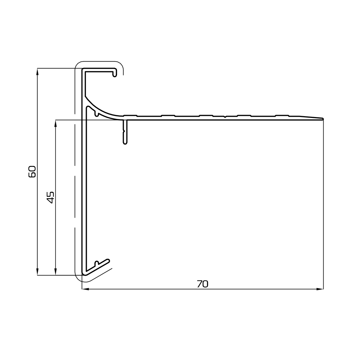 Dakrand CTX2 zwart RAL 9005 – 60 × 70 mm – 3 m